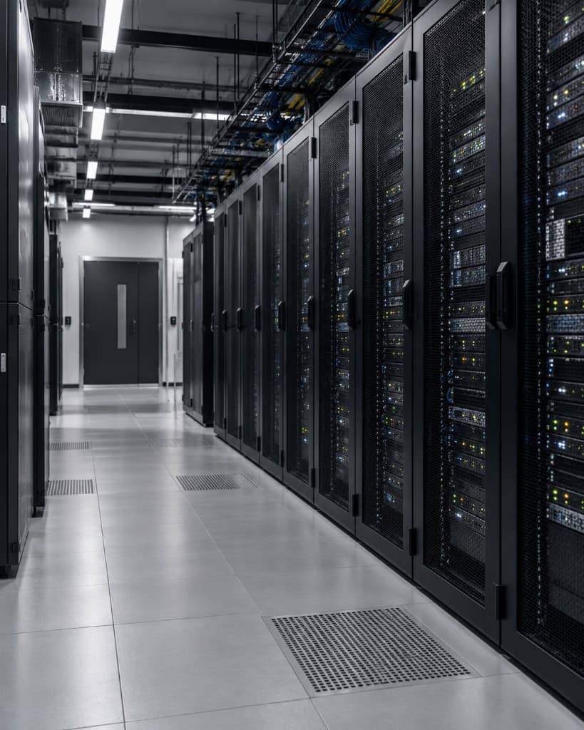 Server racks lining a data center aisle