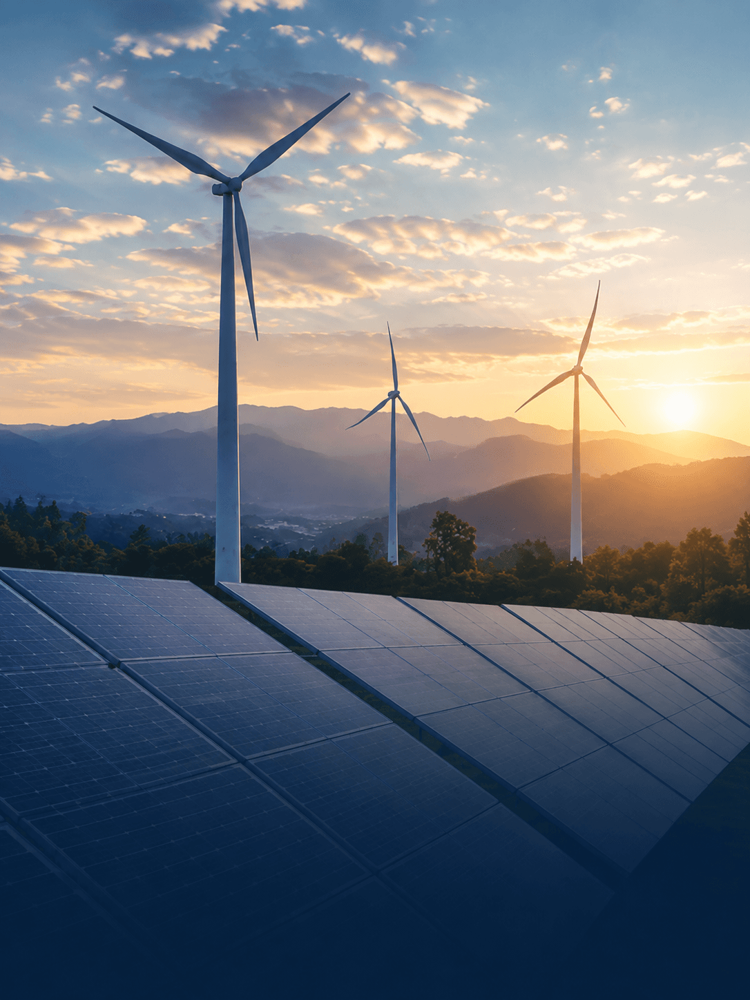 Wind turbines and solar panels over mountains at sunrise