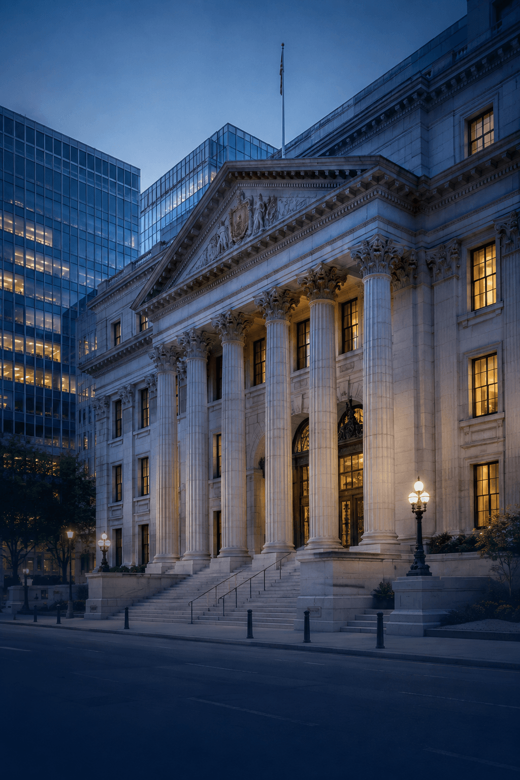 Neoclassical bank facade with columns at dusk